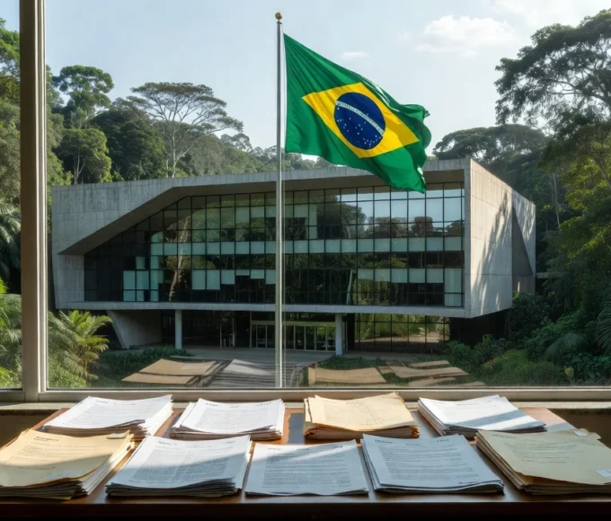 Fachada da Justiça Federal em Rondônia com documentos, sobre contratações temporárias em Pimenteiras do Oeste