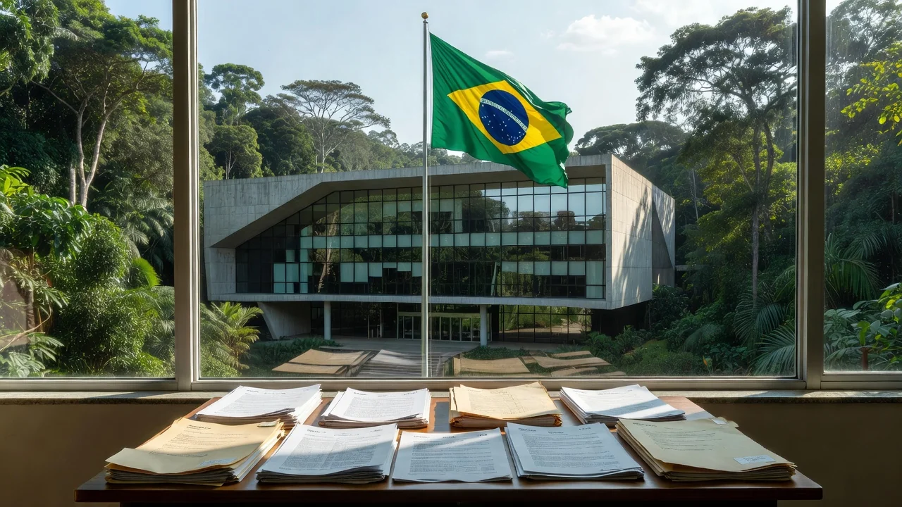 Fachada da Justiça Federal em Rondônia com documentos, sobre contratações temporárias em Pimenteiras do Oeste