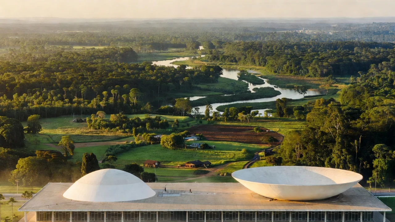 Congresso Nacional em Brasília com paisagem amazônica de Rondônia ao fundo