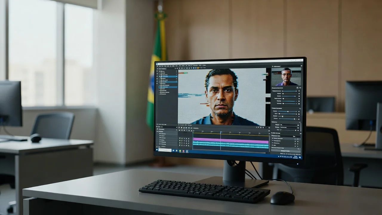 Tela de computador com deep fake de vídeo falso no contexto do TSE