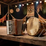 Instrumentos de forró em palco em Vilhena, Rondônia, simbolizando difusão cultural para os EUA
