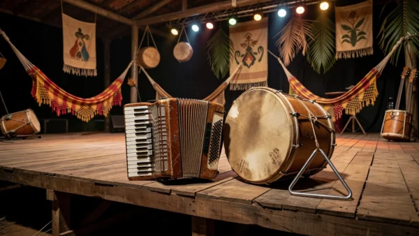 Instrumentos de forró em palco em Vilhena, Rondônia, simbolizando difusão cultural para os EUA