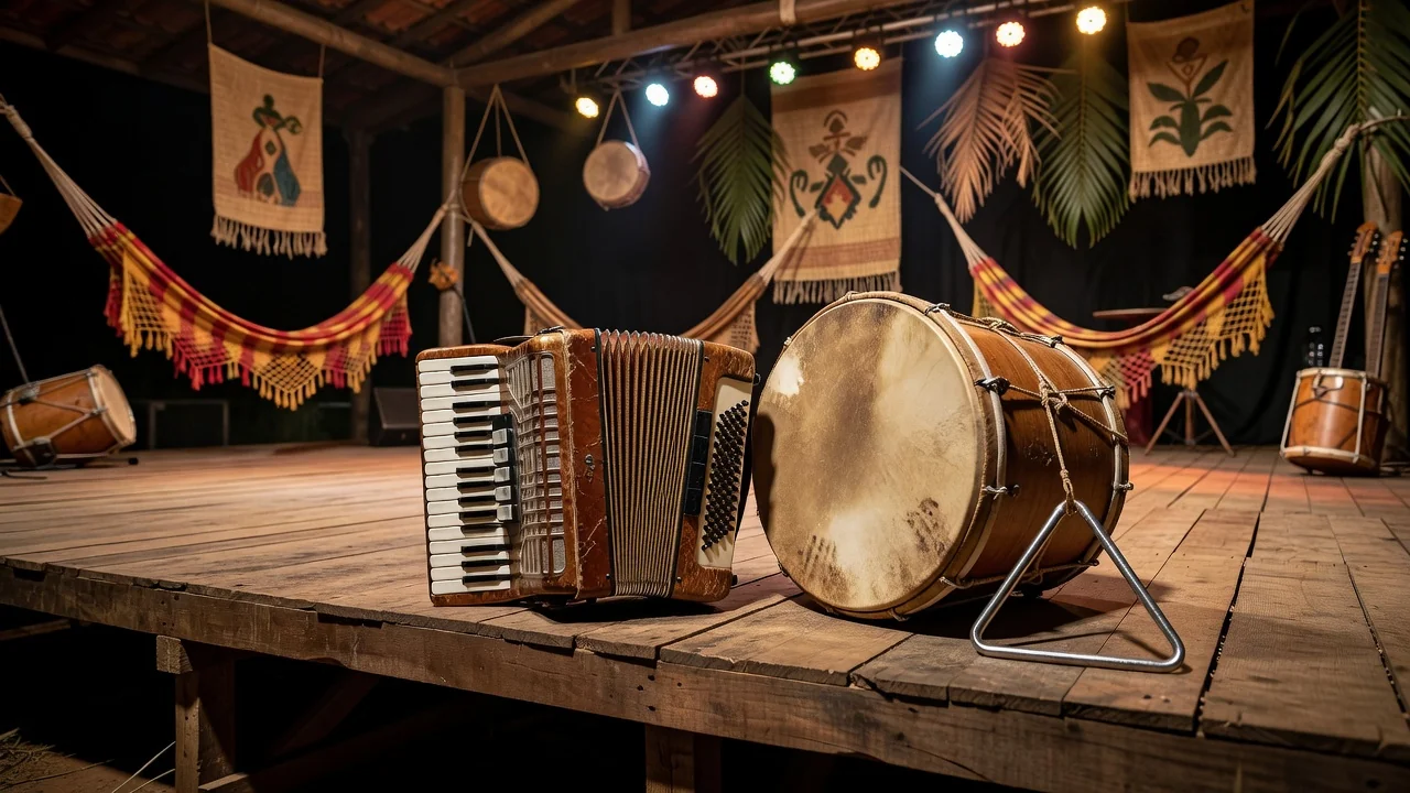 Instrumentos de forró em palco em Vilhena, Rondônia, simbolizando difusão cultural para os EUA