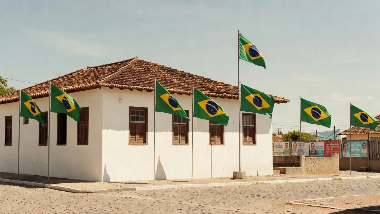 Prédio da prefeitura brasileira com bandeiras simbolizando apoio à reeleição política