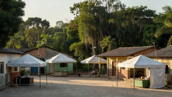Praça em Cacoal com tendas de serviços gratuitos do governo de Rondônia
