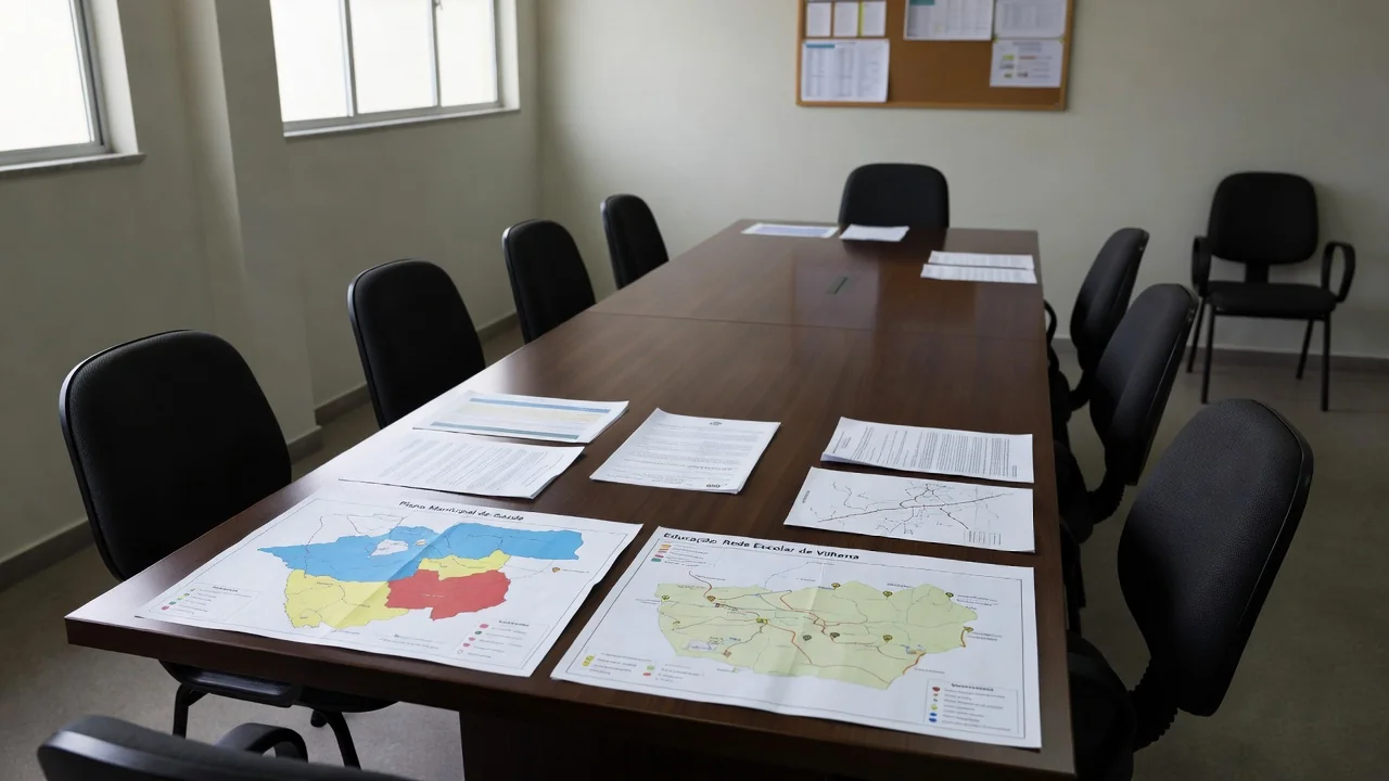 Sala de reuniões na prefeitura de Vilhena para debate sobre saúde, educação e infraestrutura