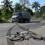 Caminhão e bicicleta danificada em acidente na pista em Porto Velho