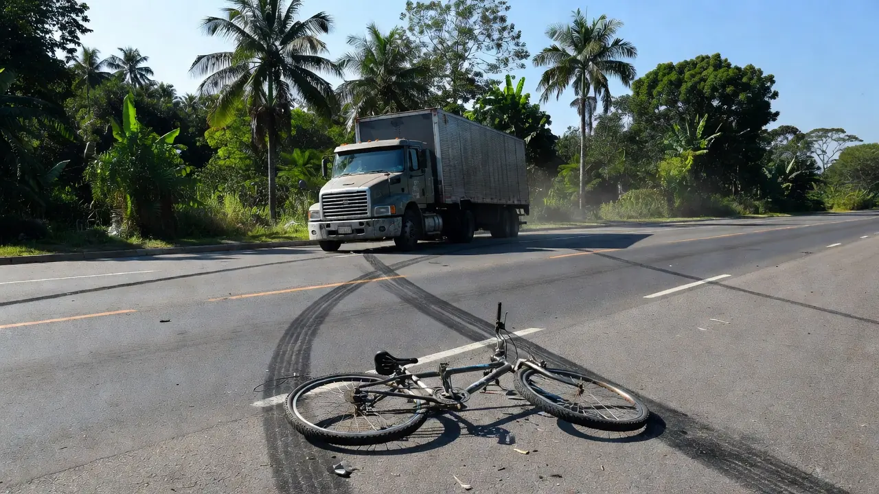 Caminhão e bicicleta danificada em acidente na pista em Porto Velho