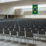 Salão de convenções vazio com bandeiras do Brasil preparado para evento político