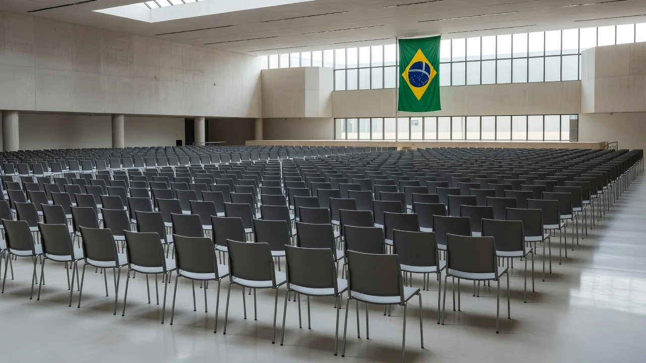 Salão de convenções vazio com bandeiras do Brasil preparado para evento político