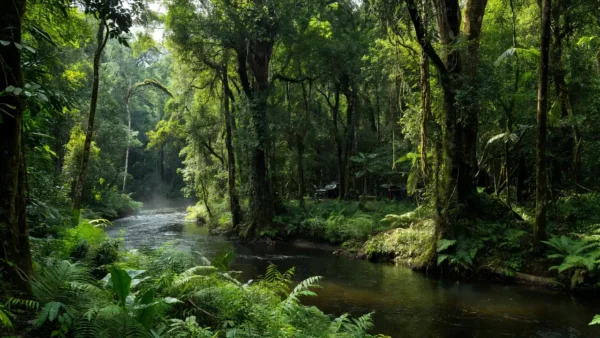 Floresta do Parque Nacional Mapinguari com viatura da Polícia Federal durante operação ambiental