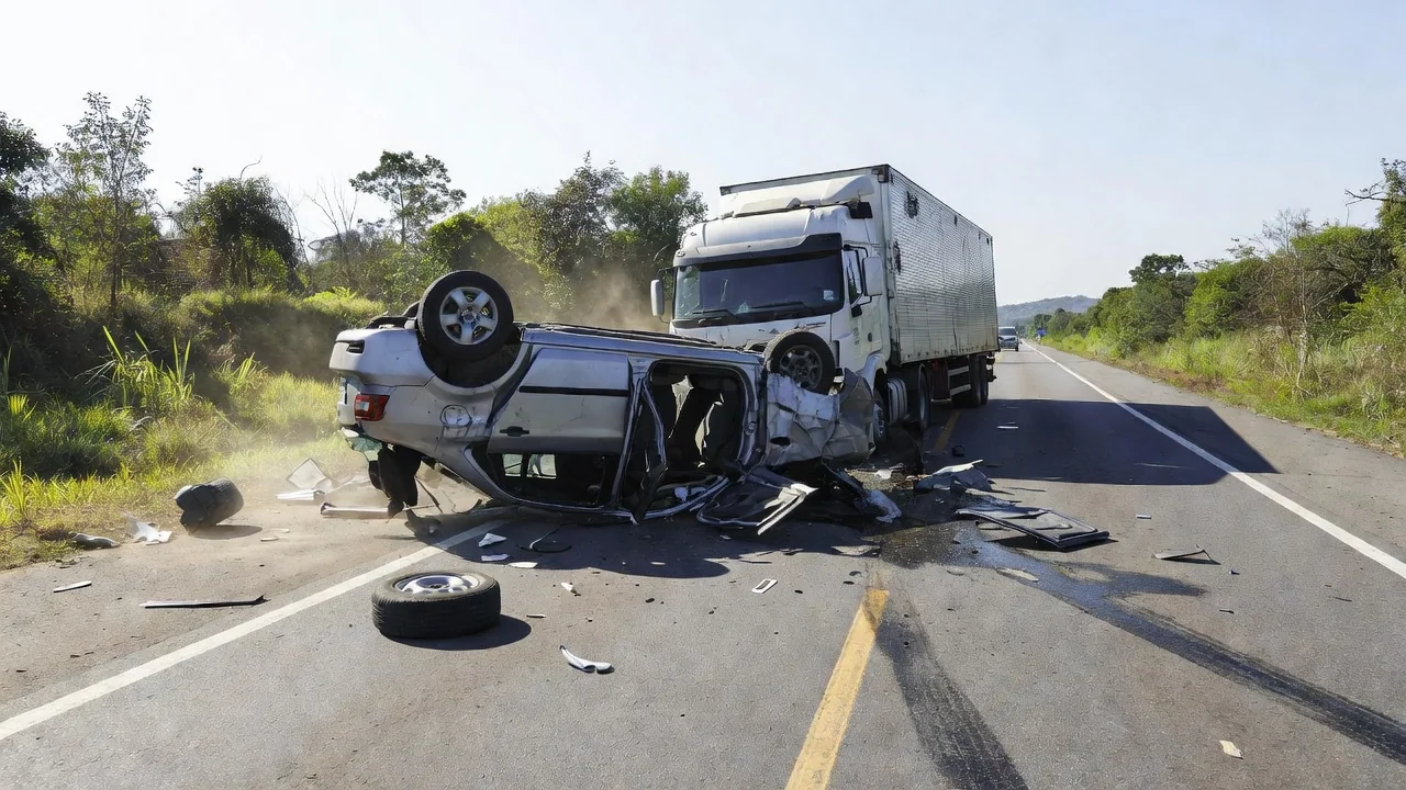 Carro capotado após colisão com carreta na Estrada Penal