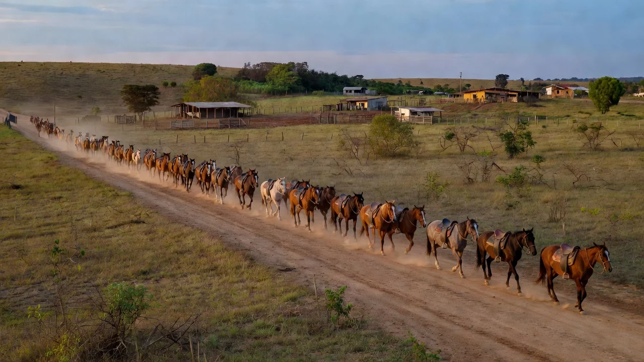 Cavalgada de abertura da ExpoAgro em Cerejeiras com cavalos em desfile rural.