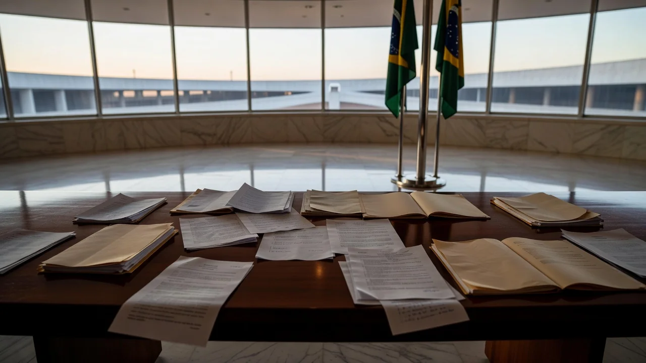 Mesa com documentos e bandeiras do Brasil no Congresso Nacional