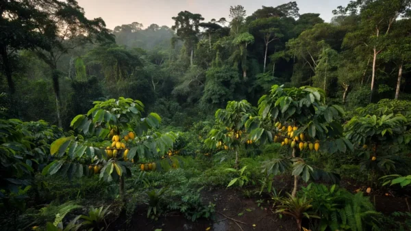 Plantação de cacau na mata amazônica de Rondônia para projeto de bioeconomia