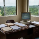 Escritório com documentos e computador acessando cadastros da IDARON em Vilhena