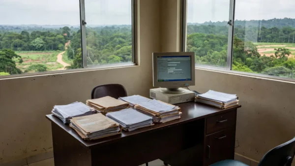 Escritório com documentos e computador acessando cadastros da IDARON em Vilhena