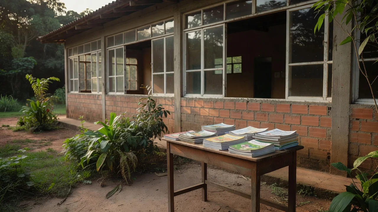 Escola em Vilhena com livros e materiais didáticos representando nota histórica no SAEB
