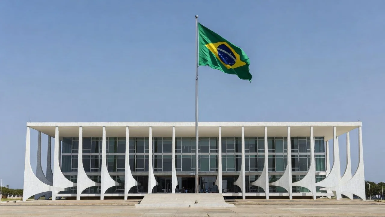Fachada do Superior Tribunal Militar em Brasília com bandeira do Brasil