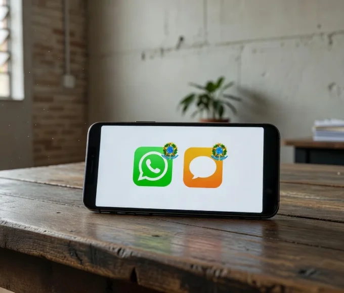 Smartphone recebendo intimações digitais via SMS e WhatsApp do Governo Federal