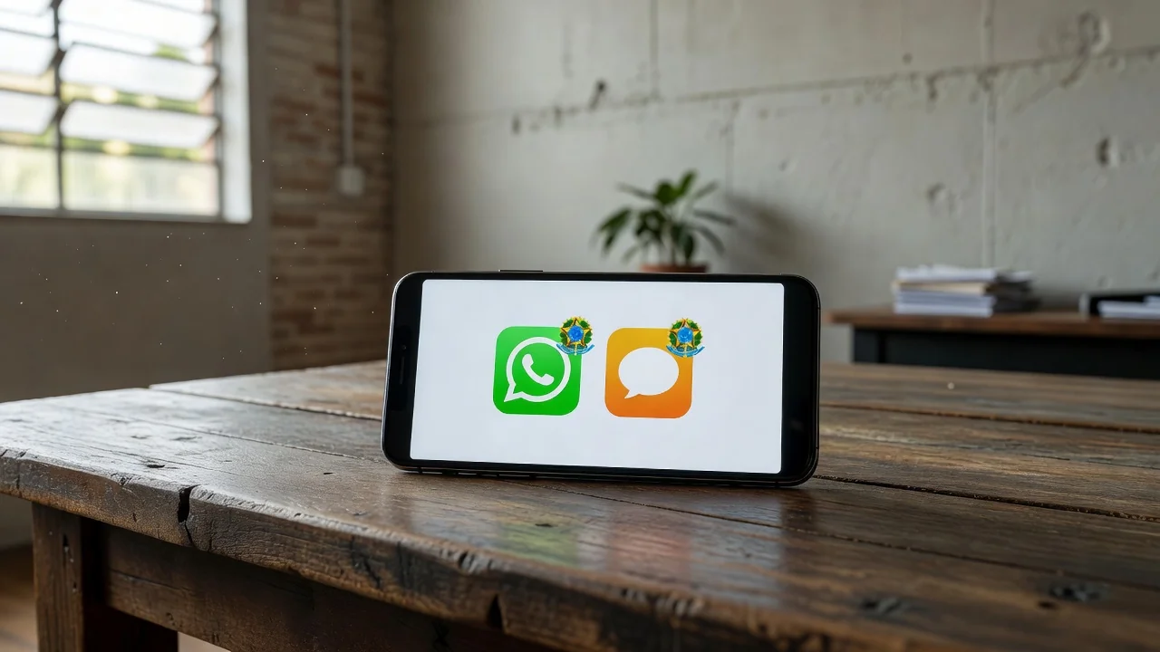 Smartphone recebendo intimações digitais via SMS e WhatsApp do Governo Federal