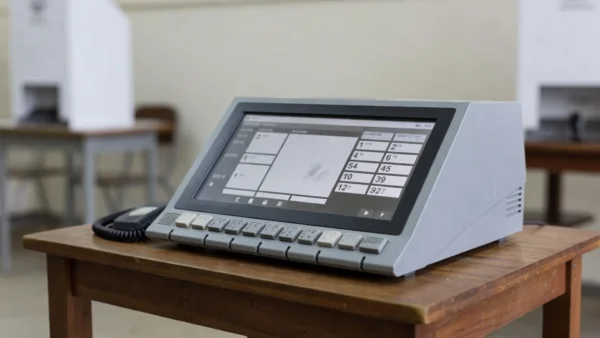 Urna eletrônica com interface acessível para deficientes visuais em seção eleitoral brasileira