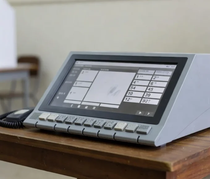 Urna eletrônica com interface acessível para deficientes visuais em seção eleitoral brasileira