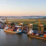 Porto no Norte do Brasil com navios de carga e plantações do Centro-Oeste representando comércio com a China