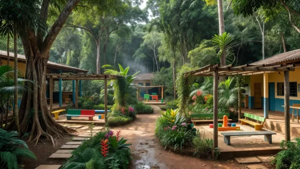 Área externa da Escola FAVOO em Vilhena integrada à natureza para educação infantil