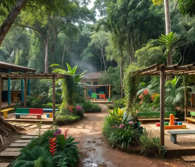 Área externa da Escola FAVOO em Vilhena integrada à natureza para educação infantil