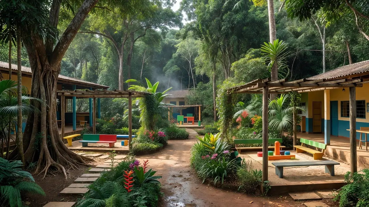 Área externa da Escola FAVOO em Vilhena integrada à natureza para educação infantil