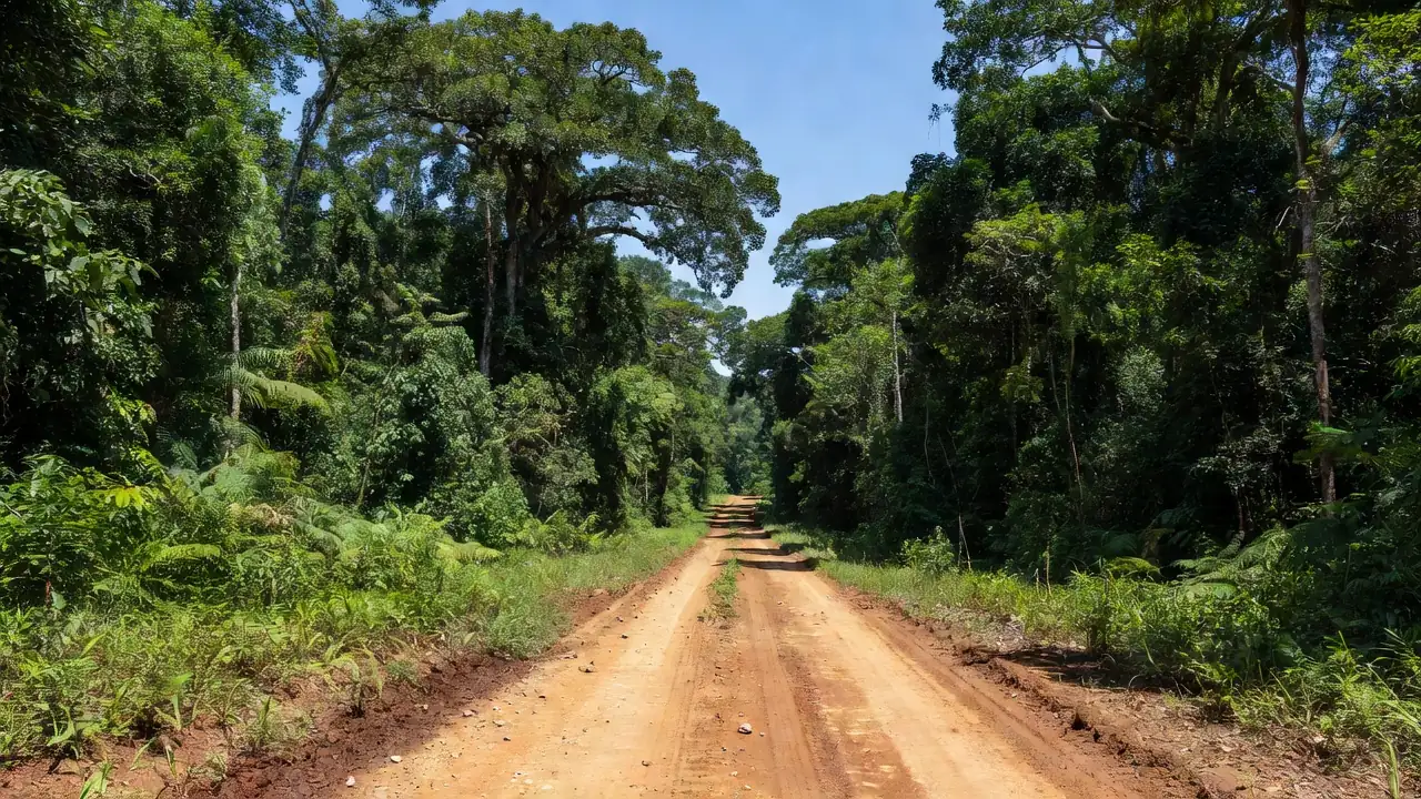 Estrada rural no interior de Rondônia com vegetação amazônica