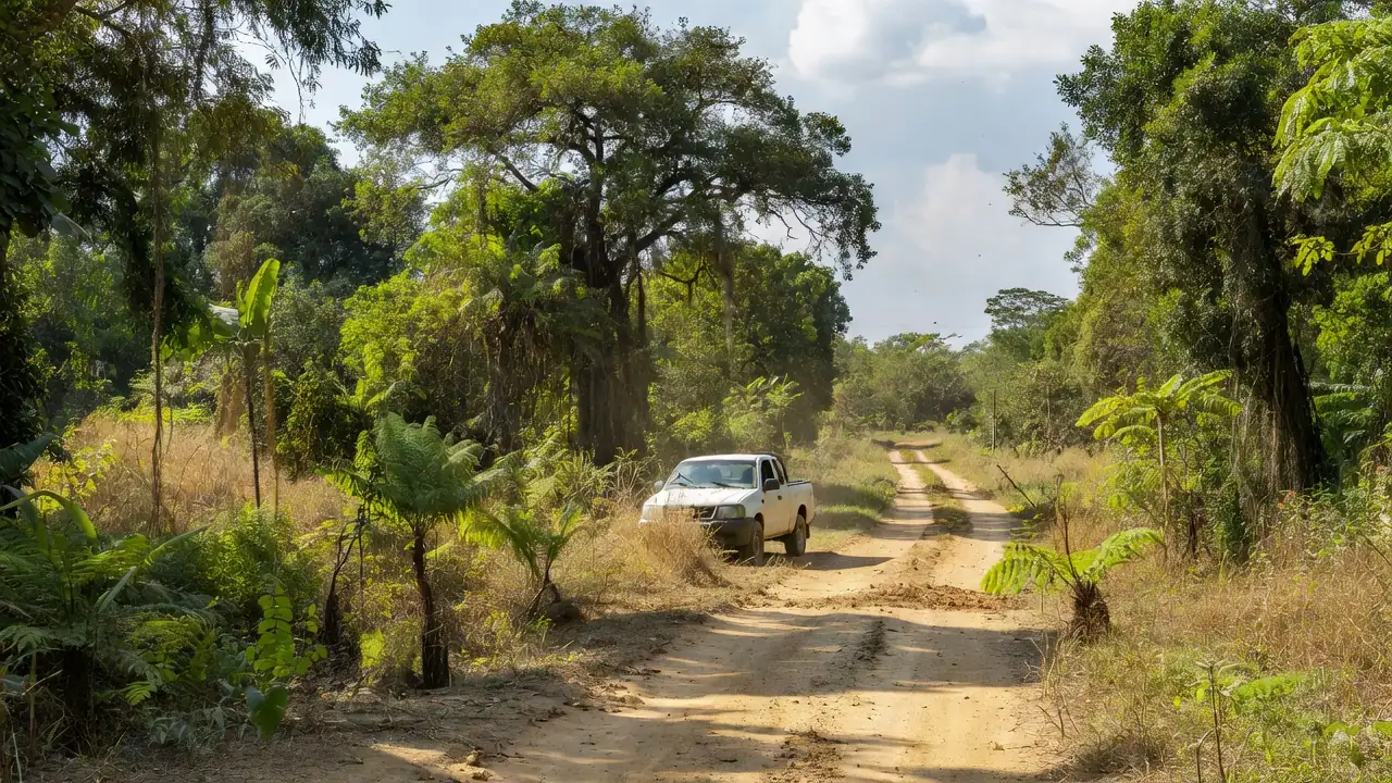Caminhonete em estrada rural em Vilhena, Rondônia, sobre denúncia de assédio sexual