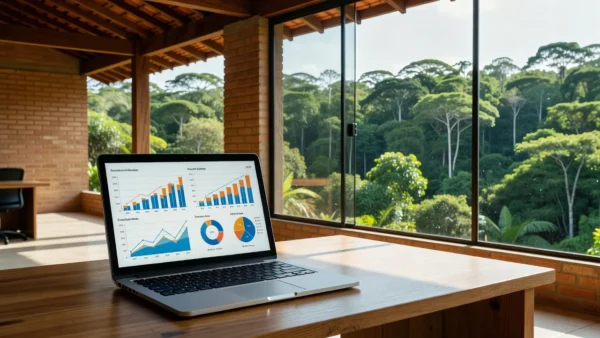 Laptop com métricas de marketing digital em escritório em Rondônia