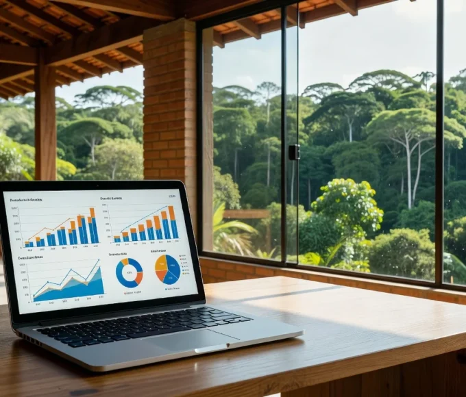 Laptop com métricas de marketing digital em escritório em Rondônia