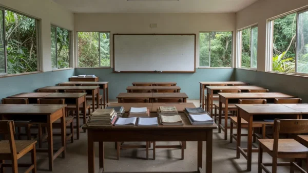 Sala de aula vazia em Vilhena com materiais para capacitação de professores