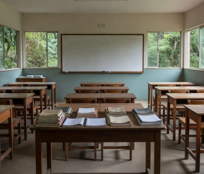 Sala de aula vazia em Vilhena com materiais para capacitação de professores