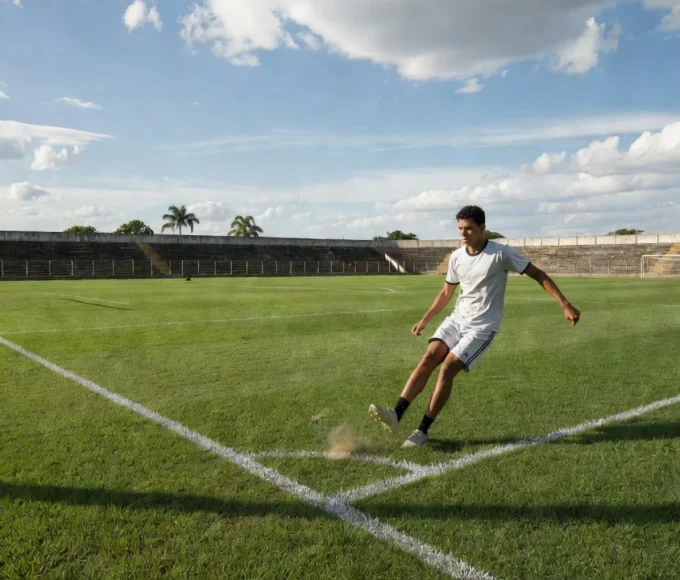 Campo de futebol em Porto Velho simbolizando teste de atleta jovem no Grêmio Novorizontino