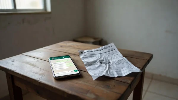 Smartphone com WhatsApp ao lado de conta de energia elétrica