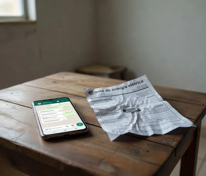 Smartphone com WhatsApp ao lado de conta de energia elétrica