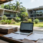 Universidade brasileira com documentos e laptop para inscrição no Prouni