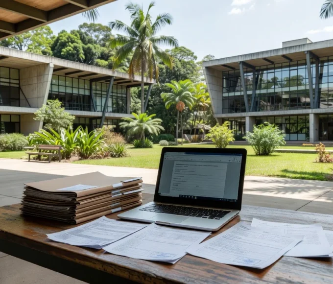 Universidade brasileira com documentos e laptop para inscrição no Prouni