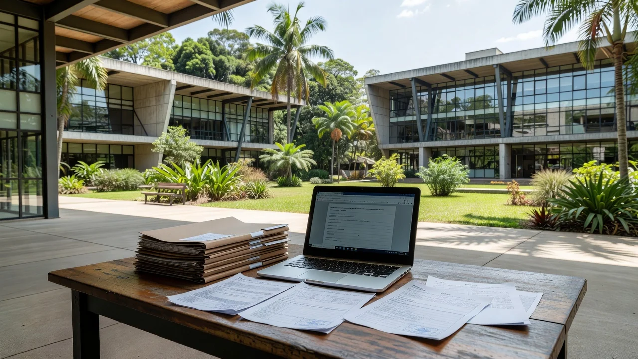 Universidade brasileira com documentos e laptop para inscrição no Prouni