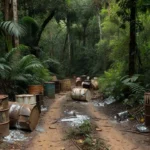 Barris de mercúrio ilegal em estrada na Amazônia de Rondônia