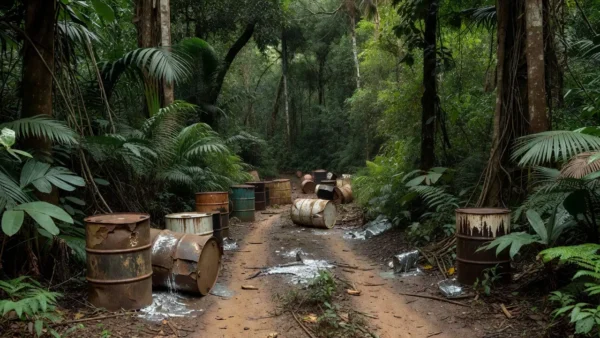 Barris de mercúrio ilegal em estrada na Amazônia de Rondônia