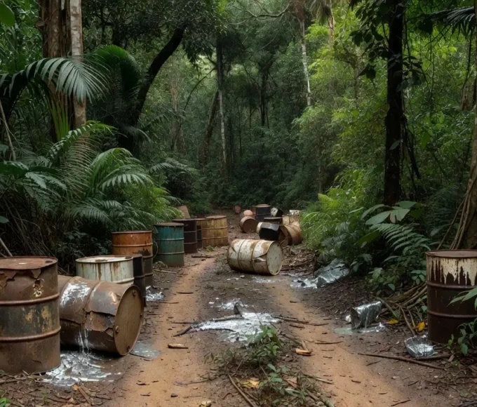 Barris de mercúrio ilegal em estrada na Amazônia de Rondônia