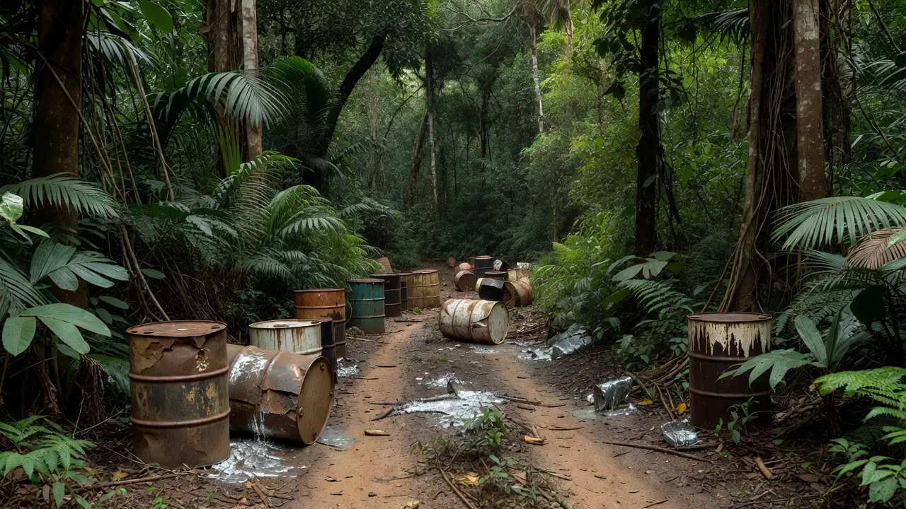 Barris de mercúrio ilegal em estrada na Amazônia de Rondônia
