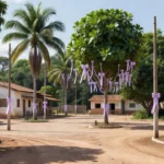 Praça pública em Rondônia com elementos lilás da campanha Agosto Lilás