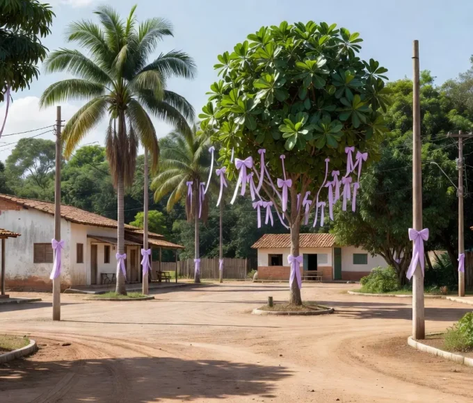 Praça pública em Rondônia com elementos lilás da campanha Agosto Lilás