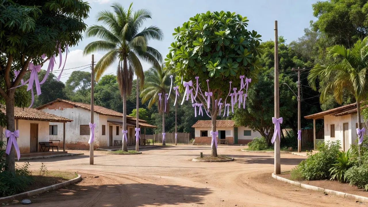 Praça pública em Rondônia com elementos lilás da campanha Agosto Lilás